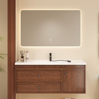 Meuble de salle de bain mural avec miroir LED intelligent, vasque en céramique et tiroirs de rangement pour hôtels et appartements (vente en gros)