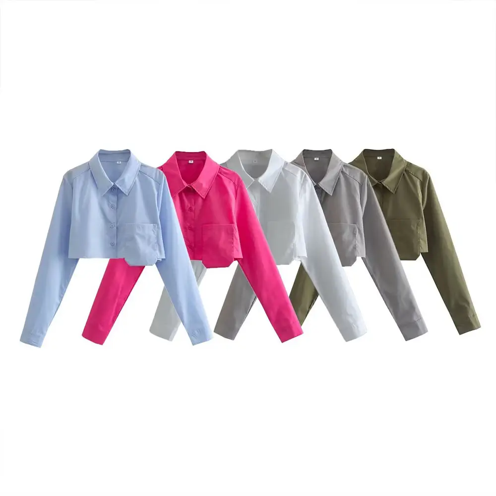 Pb & za feminino 2022, outono novo bolso de cinco cores a decorar uma camisa curta camisas de manga comprida vintage