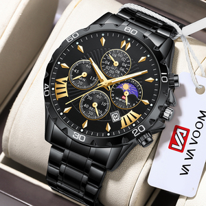 Classic Men's Chronograph Wristwatch Waterproof Black <b>Case</b> 4 Sub-dials Moon Phase <b>Watch</b> for Gift - Product Image 2