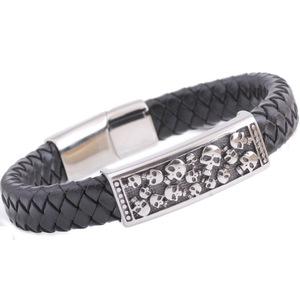 Pulsera de acero inoxidable con calavera, cordón de cuero tejido de 12 mm, estilo punk, joyería de Halloween, color negro - Product Image 1