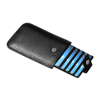 Dompet koin kulit asli bulat Mini, dompet koin Mini kulit asli, dompet kartu bisnis penghalang RFID, dompet kartu kancing jepret, dompet koin Mini bulat