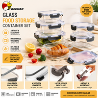 BEEMAN 玻璃食品储存容器套装，带硅胶盖，密封防漏，可微波加热，适合备餐午餐盒，OEM定制徽标