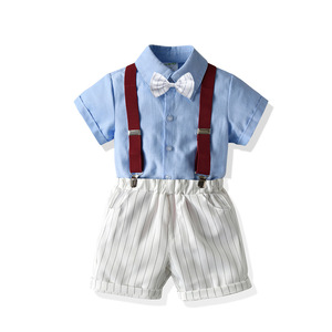 Ensemble d'été 2026 pour garçons : Chemise à manches courtes en coton et short à bretelles de couleur unie – Taille moyenne à grande - Product Image 2