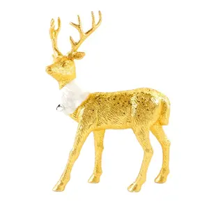 Gold Animal Deer Ornament Plastic Glitter Christmas Decoration Reindeer With Scarf Standing Figurine Home Table Top Floor Decor