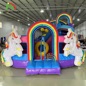 Regenboog Eenhoorn Uitsmijter Opblaasbare Bounce House Kids Party Bow Up Springende Kastelen Combo Met Glijbaan