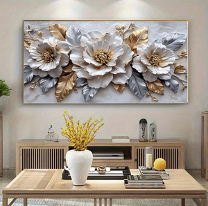 Dipinto Murale Astratto di Grandi Dimensioni con Fiori Bianchi, Quadro Orizzontale in <span class=keywords><strong>Vetro</strong></span> <span class=keywords><strong>Temperato</strong></span> e Porcellana Cristallina Decorativa - Product Image 3