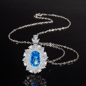 Fashion Copper Iced Flower Cut 10*14mm Sea <b>Blue</b> Oval Cubic Zirconia Rings And <b>Necklace</b> most beutiful floral jewlarly sets - Product Image 4