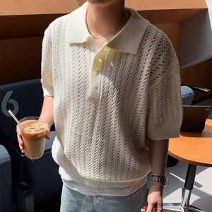 T-shirt Polo D<span class=keywords><strong>éco</strong></span>ntracté à Manches Courtes en Coton Tricoté Uni pour <span class=keywords><strong>Homme</strong></span>, Coupe Ample et D<span class=keywords><strong>éco</strong></span>ntractée, Motif Squelette, Style Été - Product Image 1