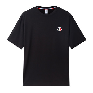 T-shirt di lusso a maniche corte tinta unita di alta gamma, in cotone ricamato con ammoniaca liquida, con scollo in seta ghiaccio e lettera di lusso. - Product Image 6