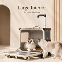 Sac de transport pour animaux à roulettes 4 roues en cuir de vachette et tissu Oxford avec grande fenêtre de visualisation, poignée télescopique, lavable, portable pour chat et animaux de compagnie