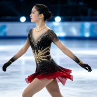 Robe de patinage artistique à manches longues en maille, dégradé noir et rouge, col en V, dos profondement ouvert, ornée de strass dorés, pour performance