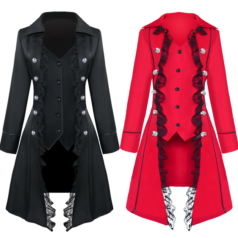 Vrouwen Middeleeuwse Jurk Steampunk Pirate Cosplay Kostuums Kanten Trim Enkele Borst Jas Victoriaanse Gothic Kleding