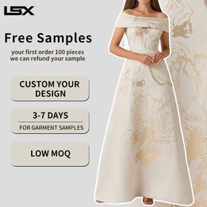 Abito da sera elegante e lussuoso da <span class=keywords><strong>donna</strong></span>, colore avorio champagne, con ricami floreali in broccato, modello a trapezio, lungo fino ai piedi, con logo personalizzato. - Product Image 1