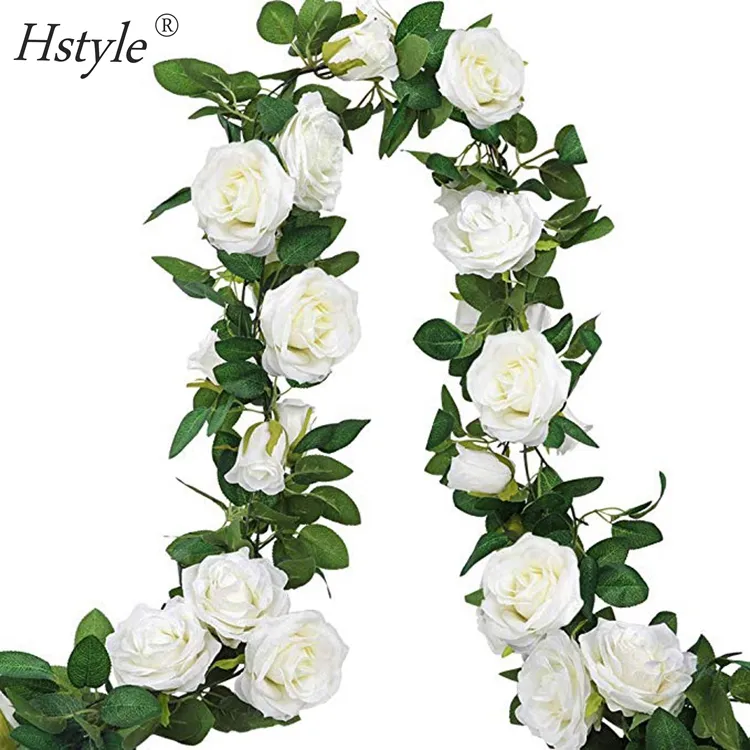พวงดอกไม้เถาดอกกุหลาบปลอม,1ชิ้นพวงมาลัยเถาวัลย์ดอกไม้สำหรับตกแต่งผนังสวนโค้งงานแต่งงานกลางแจ้ง (สีขาว) FZH318