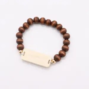 Monogram Blank Light Square Carved Wooden Bead Bracelet Elastic Bangle