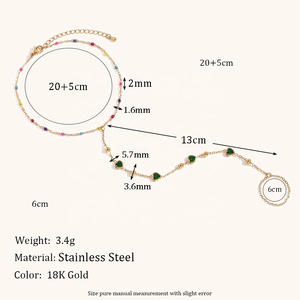 डिंगरन 18k सोने की प्लेटेड स्टेनलेस स्टील के सामान रंगीन बीड ग्रीन हार्ट जिरकॉन फिंगर चेन - Product Image 2