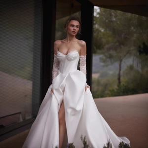 LY-WD1014 Abiti da <span class=keywords><strong>Sposa</strong></span> in Raso con Corsetto e Maniche Staccabili, Stile Francese, Bianco Avorio, Taglia Personalizzabile - Product Image 2