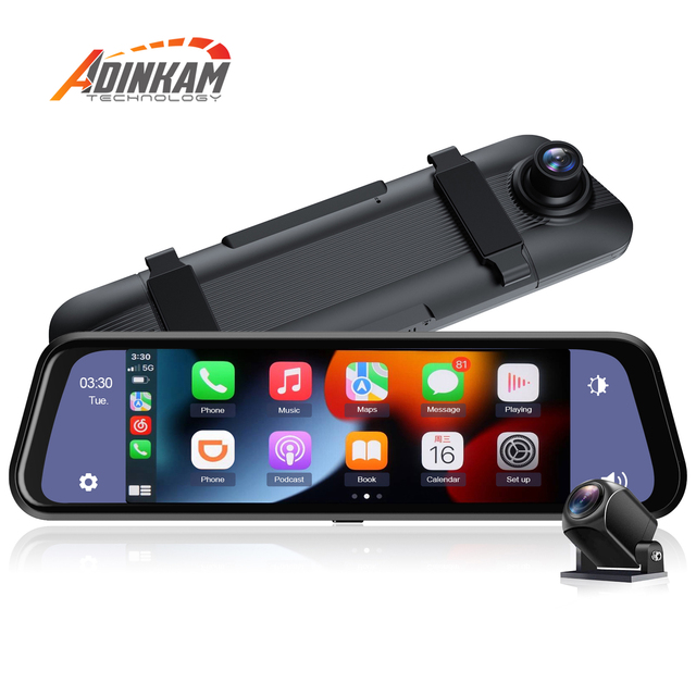 9.66\" 1080P Dual Lens Mirror Camera DVR Recorder Wireless IOS Carplay Android Auto Rearview Dash Cam Video Recorder