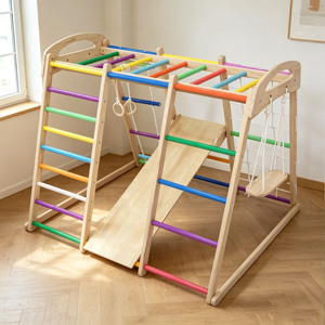 Structure d'escalade intérieure en bois Montessori pour enfants, grande structure d'escalade en bambou avec toboggan et barres de grimpe pour salle de jeux à domicile - Product Image 2