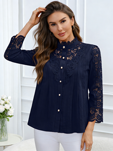 Blusa de Manga Larga con Bordado y Encaje, Estilo Casual, Tallas Grandes, Nueva Colección Primavera/Verano/Otoño 2026, Disponible en Stock - Product Image 1