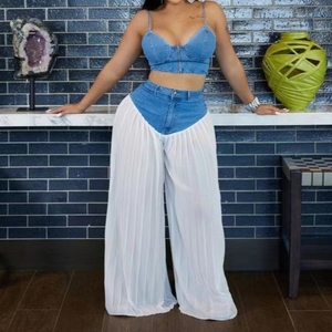 เสื้อกล้ามคอวีมีสายคล้องคอของผู้หญิงขายดีกางเกงผ้าชิฟฟ่อนมีจีบ2ชุดแฟชั่น - Product Image 1