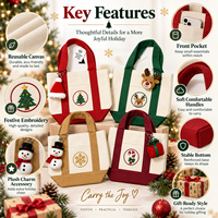 Sac fourre-tout en toile JC BASIC rouge avec bordure contrastante, motif brodé sapin de Noël et bonnet du Père Noël, idéal pour les fêtes, vente en gros, color block