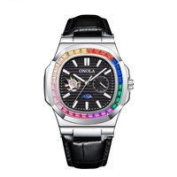 ON3855CH ONOLA Montre mécanique pour homme à cadran carré, aiguilles creuses, diamants arc-en-ciel, bracelet en cuir véritable, étanche – Grande Vente