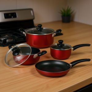 Ensemble de casseroles antiadhésives en aluminium 7 pièces rouge avec couvercles en verre, compatible four, gaz et induction - Product Image 2