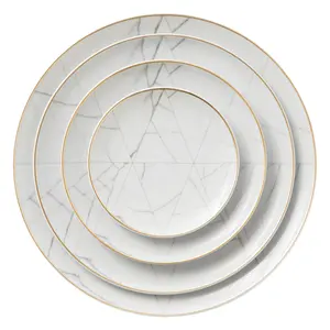 Popular osso fino china jantar conjunto com ouro aro branco mármore decalque cerâmica aparelho de jantar