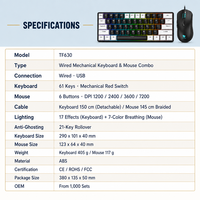 Clavier de jeu mécanique 61 touches et souris filaires, interrupteurs rouges, câble détachable, anti-ghosting 21 touches pour PC Gamer