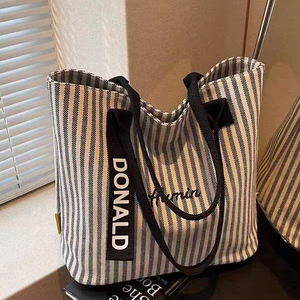 2025 New Arrival Women's <b>Large</b> Capacity <b>Canvas</b> <b>Bag</b> Versatile Striped Shoulder <b>Bag</b> Handbag - Product Image 3