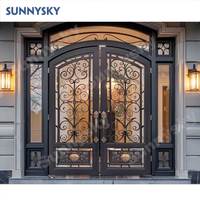 Porte d'entrée en fer forgé moderne personnalisée Sunnysky, design de porte en verre pour l'extérieur, anti-effraction, double porte en fer forgé