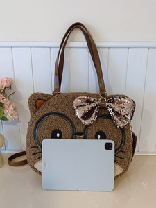 Bolso de invierno 2026 de felpa para mujer, lindo bolso de oso con gafas de sol, bolso de animales, bolso grande de cabeza de gato de auténtica lana de cordero - Product Image 5