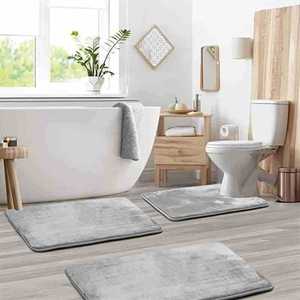 Ensemble de tapis de bain Cangming 3 pièces gris en polaire corail antidérapant et absorbant pour salle de bain, style moderne et simple - Product Image 1
