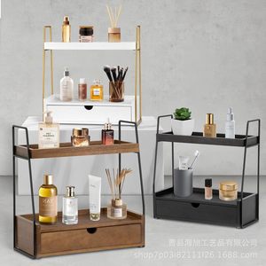 Étagère de rangement en bois à double couche avec tiroir pour organiser les cosmétiques sur le bureau - Product Image 5
