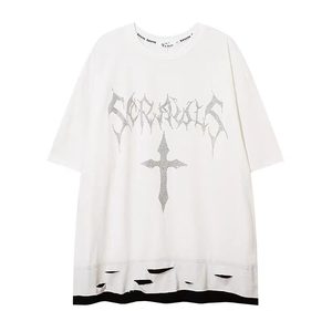 Camiseta <span class=keywords><strong>de</strong></span> Cuello Redondo 100% Algodón <span class=keywords><strong>de</strong></span> 230g, con Estampado <span class=keywords><strong>de</strong></span> Cruz <span class=keywords><strong>de</strong></span> Diamantes <span class=keywords><strong>de</strong></span> Imitación y Letras Metálicas, Estilo Urbano Oversize Desgastado y Atrevido, para Uso Casual - Product Image 4