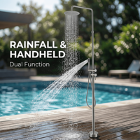 Colonne de douche autoportante extérieure en acier inoxydable brossé SUS304 avec cartouche céramique, pommeau de pluie et douchette à main pour jardin et piscine modernes