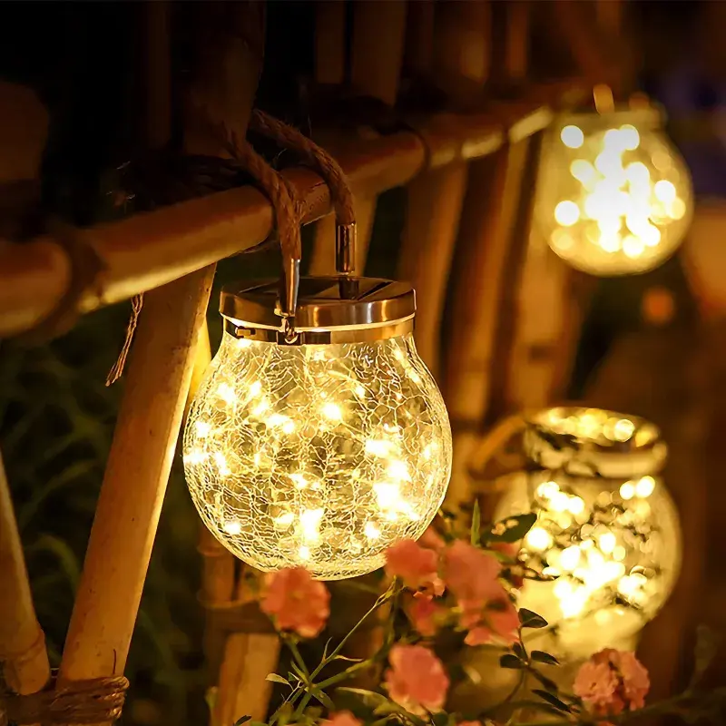Weatherproof Hanging Fairy Copper Light Outdoor Led Garland Solar Crack Glass Light Patio Courtyard Mason Jar Ball Lights
