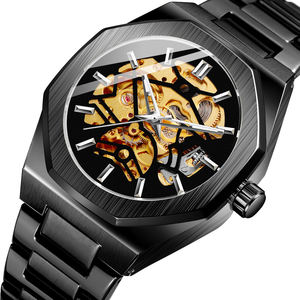 Nuovi Orologi Meccanici da Uomo Eleganti Skeleton <span class=keywords><strong>Oro</strong></span> Personalizzabili in Acciaio Inossidabile, Orologi da Polso Automatici alla Moda e Impermeabili - Product Image 3