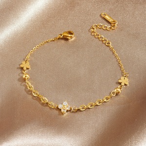 Gold Plated Jewelry <b>Set</b> Flower Design Necklace <b>Bracelet</b> Women's Everyday Wear Stainless Steel Chain With Diamond Inlay - Product Image 3