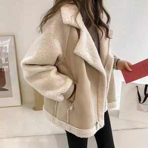 Women's Suede Motorcycle Jacket Apricot Loose Fit Windproof Fleece <b>Lined</b> Autumn Winter <b>Coat</b> - Product Image 1