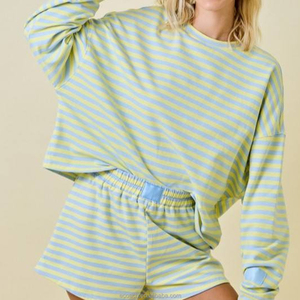 Manufacturer Custom Autumn <strong>Women's</strong> Striped Terry Loose <strong>Long</strong> Sleeves Crewneck Sweatshirts Pullover <strong>Shorts</strong> Two Piece Set for <strong>Women</strong> - Product Image 2