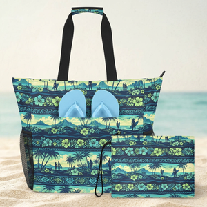 Bolsa de Playa 2 en 1 con Múltiples Bolsillos, Estampado Personalizado de Palmera Verde, Gran Capacidad, Impermeable, para Verano, con Bolsa Adicional - Product Image 1