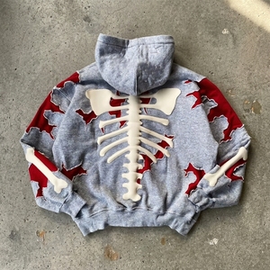 Felpa con Cappuccio Invernale da Uomo Personalizzata, 400 Grammi, Nuovo Stile, Cotone Oversize, Effetto Invecchiato, Ricamo Scheletro, Patchwork, Streetwear - Product Image 2