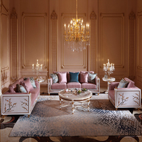 Ensemble de meubles de salon de luxe rose antique de style européen, canapé en bois sculpté, table basse ronde haut de gamme
