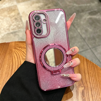 Coque de téléphone antichoc en TPU électroplaqué avec support arrière et miroir à paillettes pour femmes, compatible Samsung A17 A27 A37 A57 A16 A26 A36 A56 A15