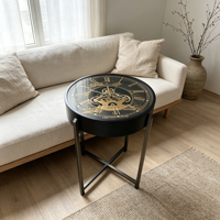 Table d'appoint décorative ronde avec horloge, cadre en métal noir, chiffres romains, pour salon et couloir