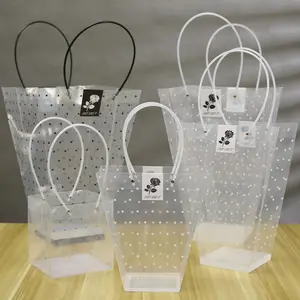 أكياس هدايا بلاستيكية شفافة بمقبض نبيذ قابلة لإعادة الاستخدام حقيبة زهور شفافة من كلوريد البولي فينيل للتسوق