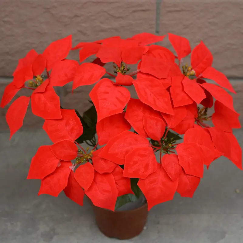 Flores artificiales de Navidad, adornos de árbol de Poinsettia roja, 45cm