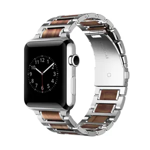 Apple Watch Bandシリーズ用防水木製メタルステンレススチールウォッチバンドスマートウォッチスチールストラップ76 38 40 41 42 44 45mm